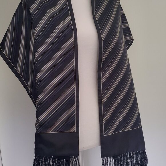 Vintage Men's Black Fringe Long Silk Scarf Diagonal Grey Pinstripe Luxe Design - Picture 5 of 10